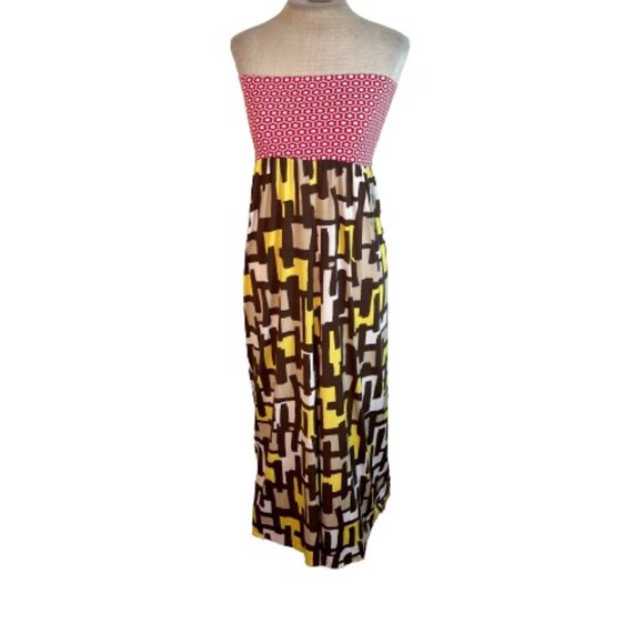 Machine Dresses & Skirts - Machine Machine Hawaii Strapless Stretch Midi Dress Red Brown Yellow M Medium